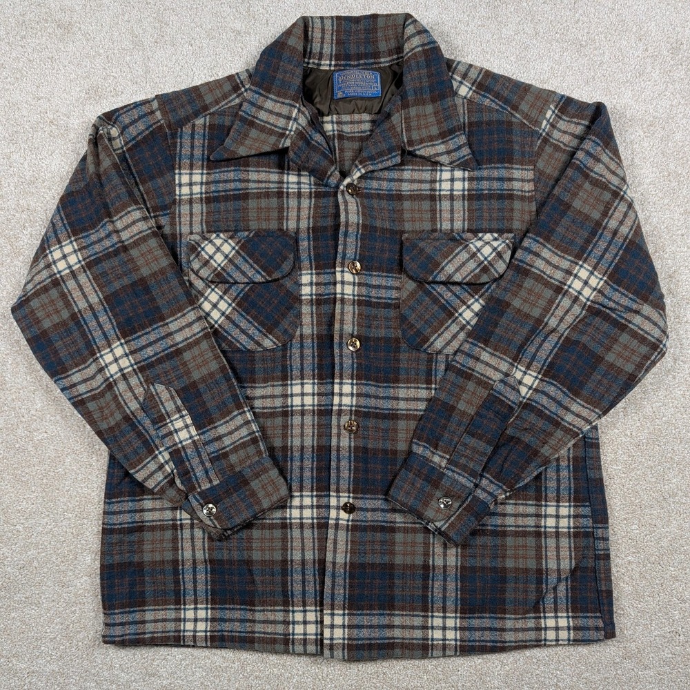 Vintage Pendleton Board Shirt Jacket Womens Large Brown Plaid Wool USA 80s HOLES - Picture 2 of 12